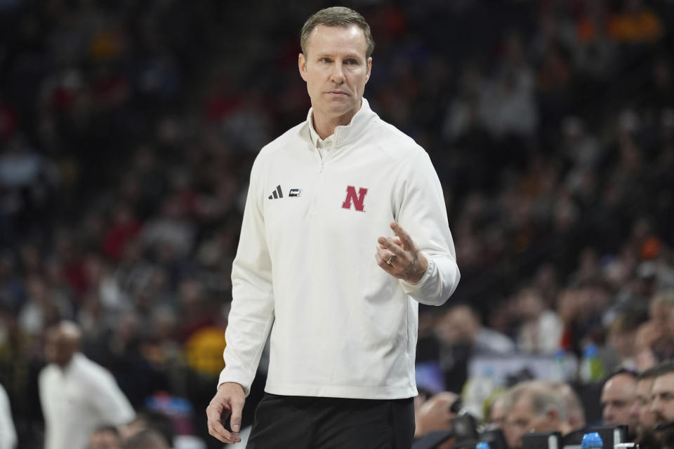 Nebraska head coach Fred Hoiberg gestures during the first half of an NCAA college basketball game against Illinois in the semifinal round of the Big Ten Conference tournament, Saturday, March 16, 2024, in Minneapolis. (AP Photo/Abbie Parr)