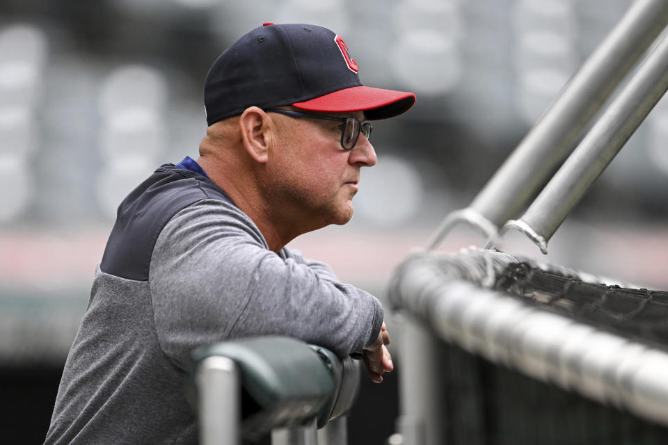 FILE - Cleveland Guardians manager Terry Francona watches batting practice before a baseball game against the Miami Marlins, April 21, 2023, in Cleveland. Francona will not be with the team Wednesday, June 28, for a second straight game after being hospitalized when he felt poorly before a series opener against the Kansas City Royals. (AP Photo/Nick Cammett, File)