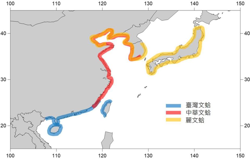 常見的文蛤種類主要分布地區。（圖／農委會水試所提供）