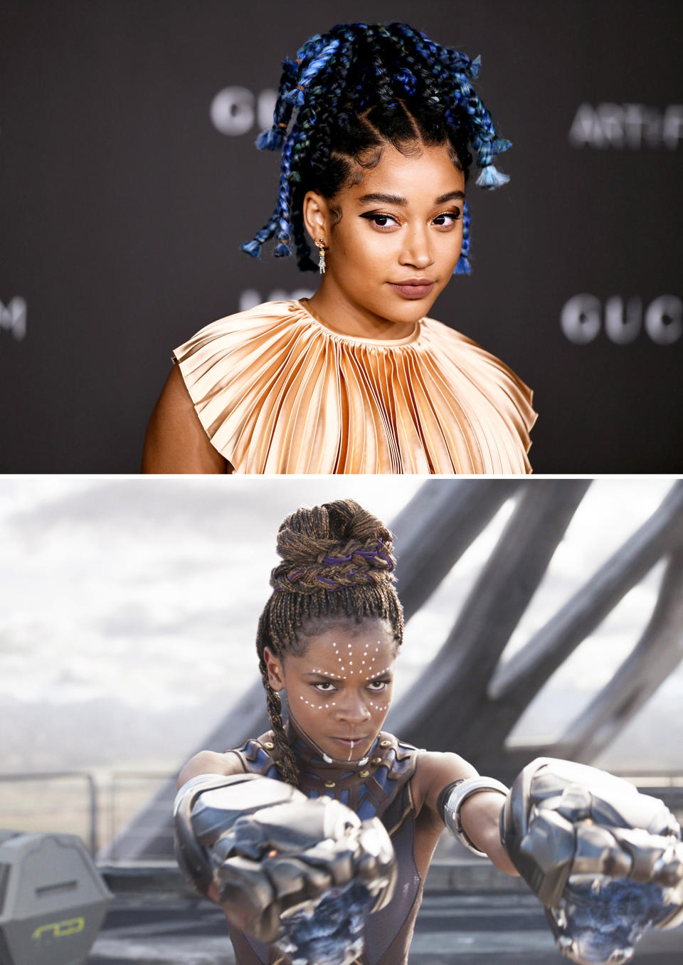 A close-up of Amandla Stenberg above a shot of Letitia Wright as Shuri