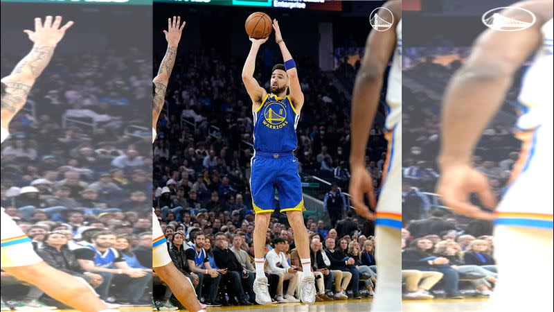 勇士湯普森（Klay Thompson）對上雷霆的比賽，飆12顆三分球砍寫本季新高。（資料圖／翻攝自勇士推特）