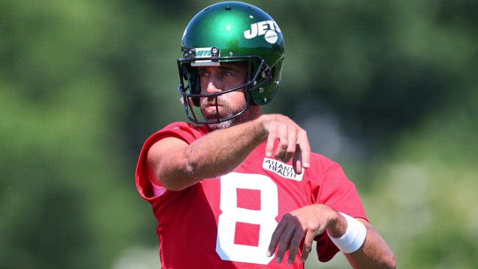 Jul 22, 2023; Florham Park, NJ, USA; New York Jets quarterback Aaron Rodgers (8) participates in drills during the New York Jets Training Camp at Atlantic Health Jets Training Center.