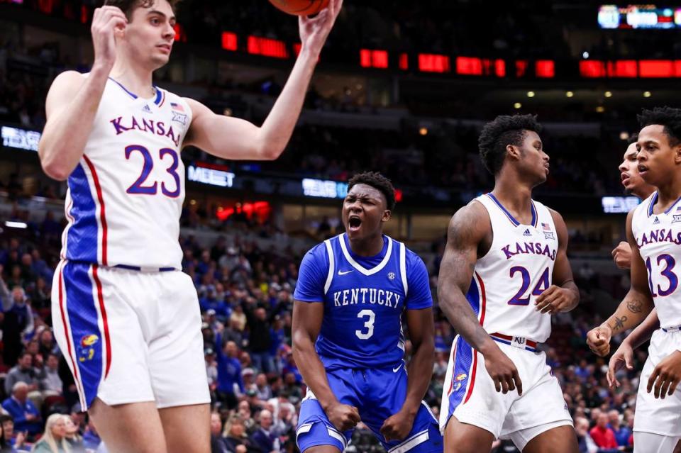 Kentucky sophomore Adou Thiero (3) had a double-double, 16 points and 13 rebounds, in UK’s 89-84 loss to then-No. 1 Kansas in the Champions Classic in Chicago.