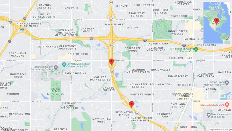 A detailed map that shows the affected road due to 'Overland Park: US-69 closed' on May 30th at 12:06 a.m.