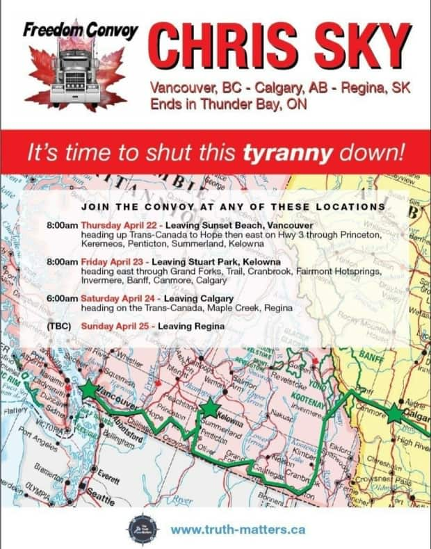 Chris Saccoccia's 'freedom convoy' poster touts upcoming stop in Maple Creek and Regina. 