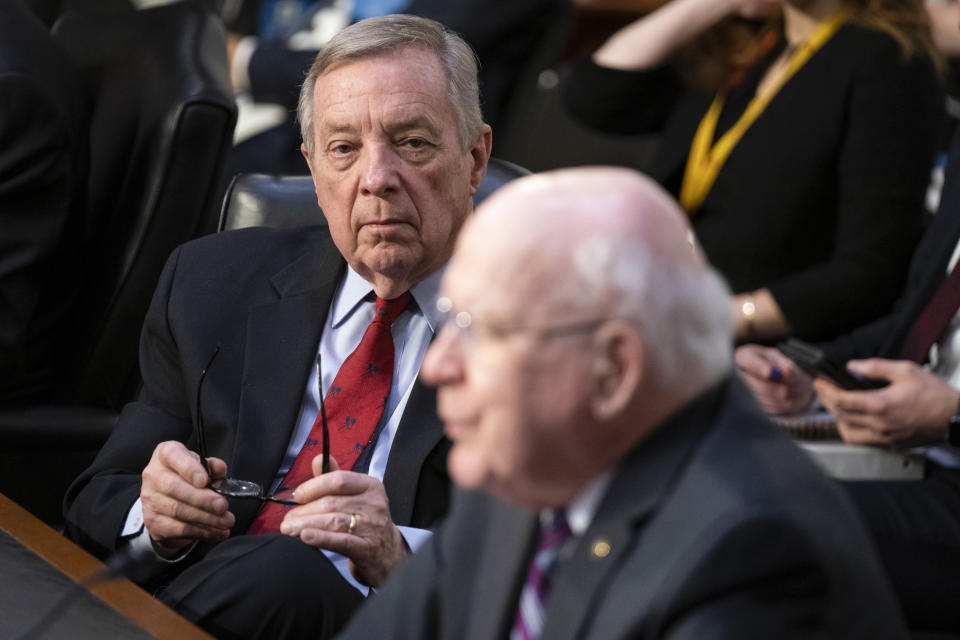 Chairman of the Senate Judiciary Committee Sen. Dick Durbin, D-Ill., listens as Sen. Patrick Leahy, D-Vt., questions Supreme Court nominee Ketanji Brown Jackson during her confirmation hearing before the Senate Judiciary Committee, Tuesday, March 22, 2022, in Washington. (AP Photo/Evan Vucci)