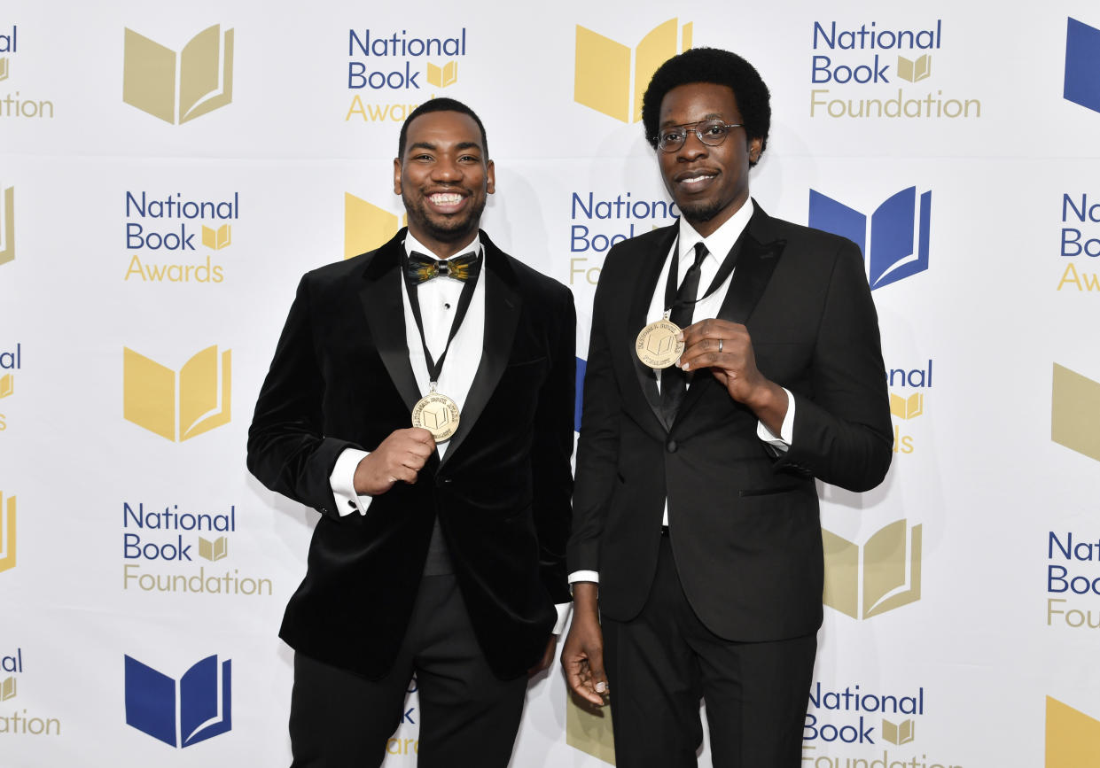 Nonfiction finalists Robert Samuels, left, and Toluse Olorunnipa attend the 73rd National Book Awards at Cipriani Wall Street on Wednesday, Nov. 16, 2022, in New York. (Photo by Evan Agostini/Invision/AP)