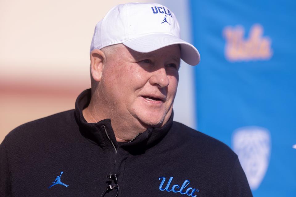 UCLA head football coach Chip Kelly addresses the media as his team prepares for the Tony the Tiger Sun Bowl with practice at Bel Air High School on Tuesday, Dec. 27, 2022. USA TODAY Sports