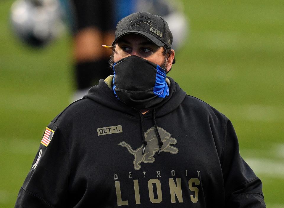 Lions coach Matt Patricia reacts after the Lions' 20-0 loss to the Panthers on Sunday, Nov. 22, 2020, in Charlotte, North Carolina.