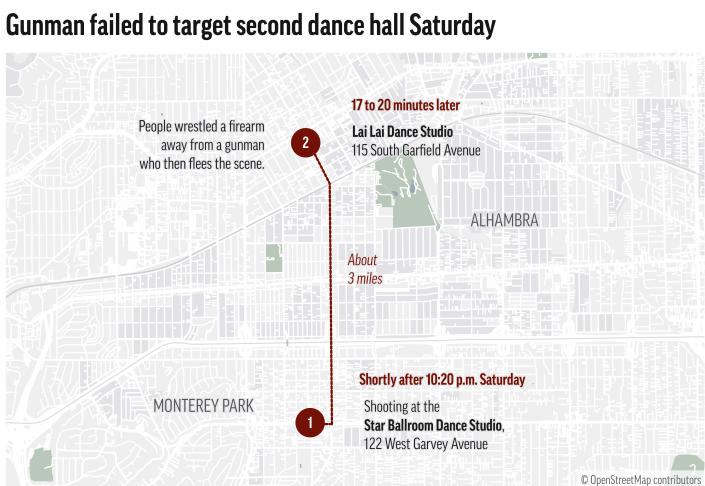 A map shows the locations of the two ballroom dance studios that the gunman went to Saturday night.