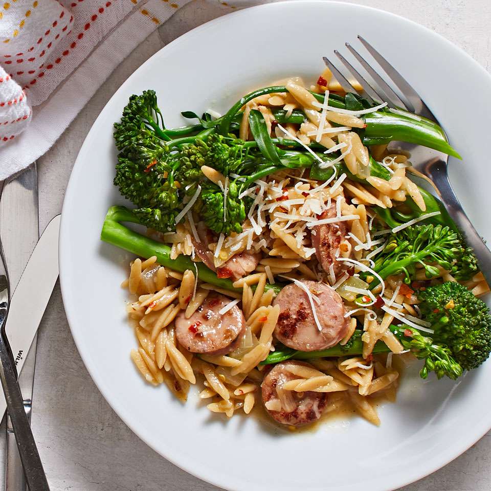 Broccolini, Chicken Sausage & Orzo Skillet