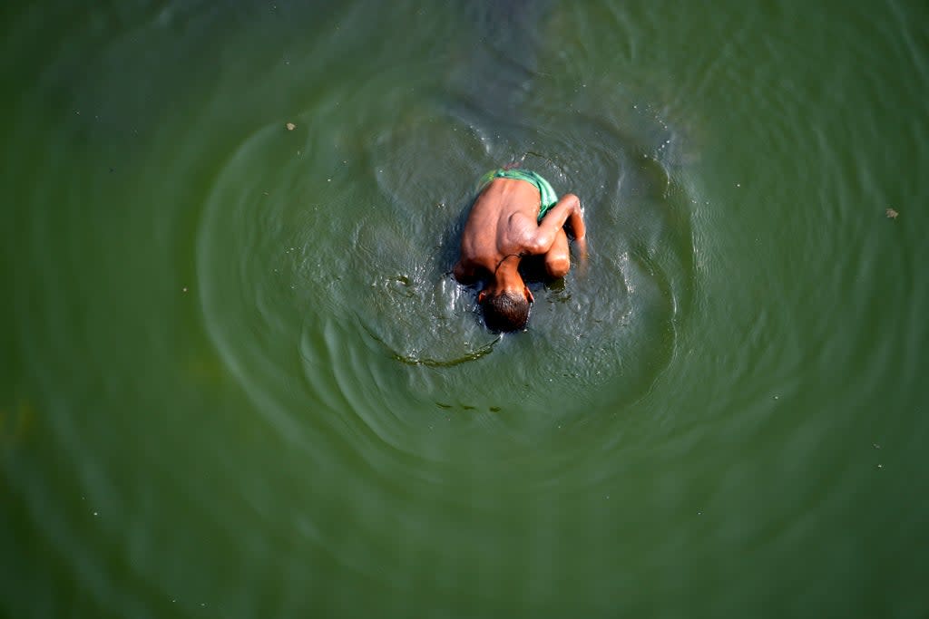 A boy searches for coins in river Yamuna where water levels have drastically reduced following a heatwave in India (AP)