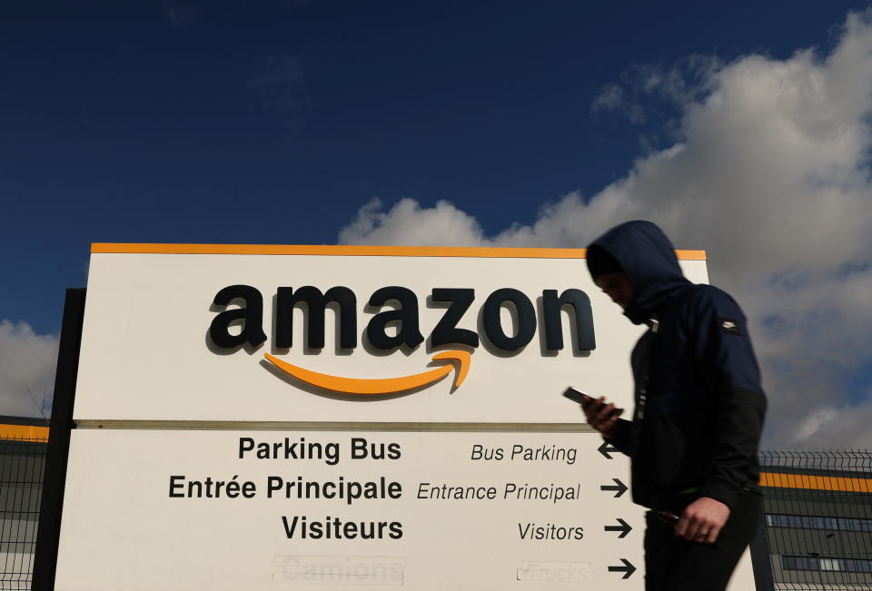 The Amazon logo is seen at the company's logistics centre in Boves, France, February 11, 2022. REUTERS/Pascal Rossignol