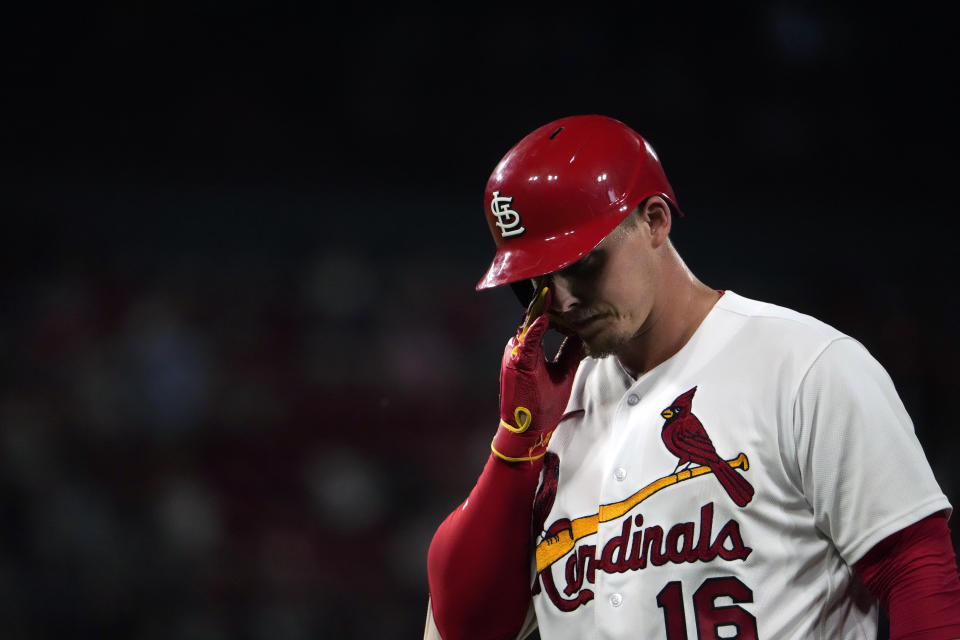 St. Louis Cardinals' Nolan Gorman walks off the field after flying out during the eighth inning of a baseball game against the Chicago Cubs Friday, July 28, 2023, in St. Louis. (AP Photo/Jeff Roberson)