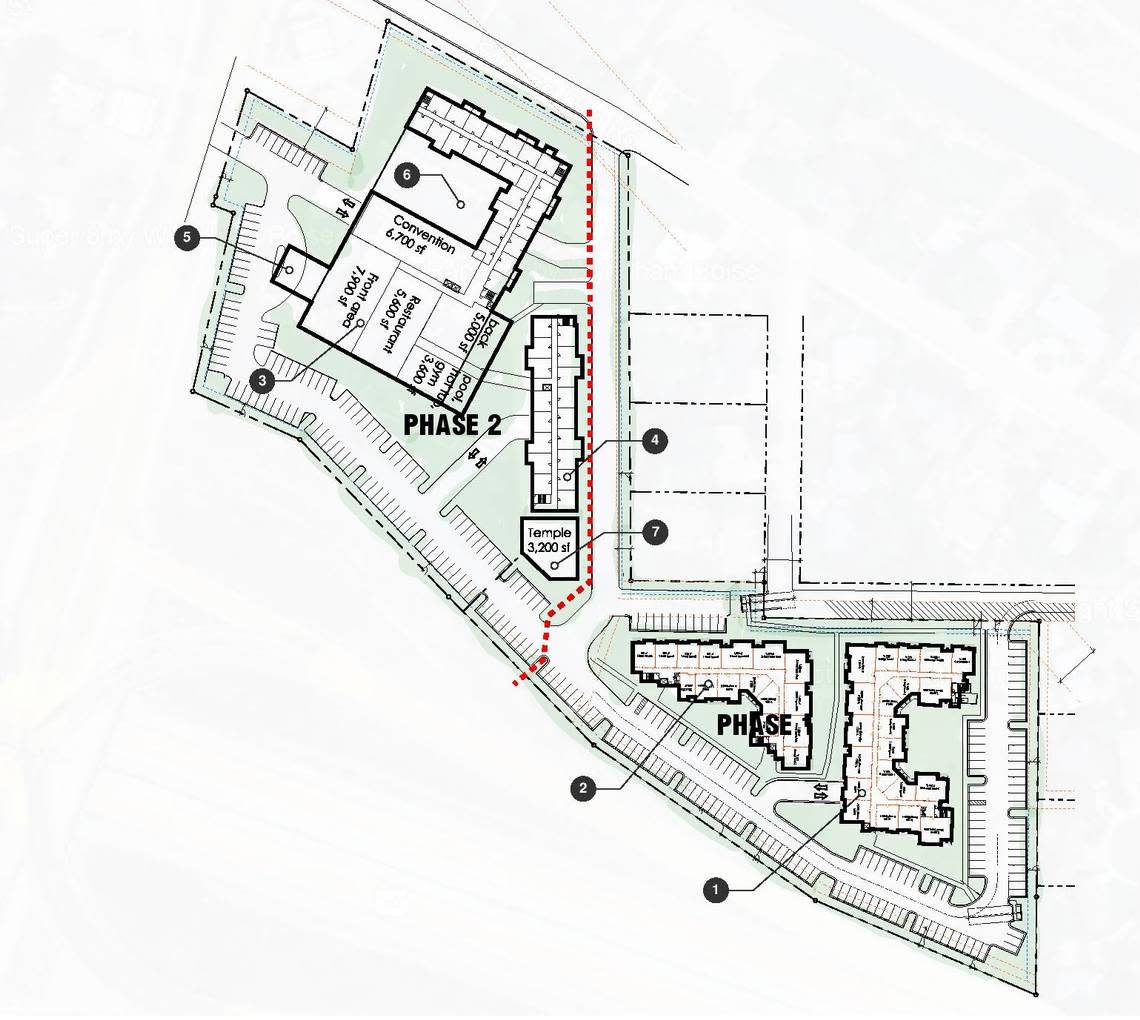This floor plan shows the first floor of proposed new buildings at 3300 S. Vista Ave. in South Boise near the Boise Airport. It shows two apartment buildings in Phase 1 totaling 185 apartments. Phase 2 would add 154 hotel rooms in a four-story building, 68 hotel rooms in a four-story annex building and a Hindu temple.