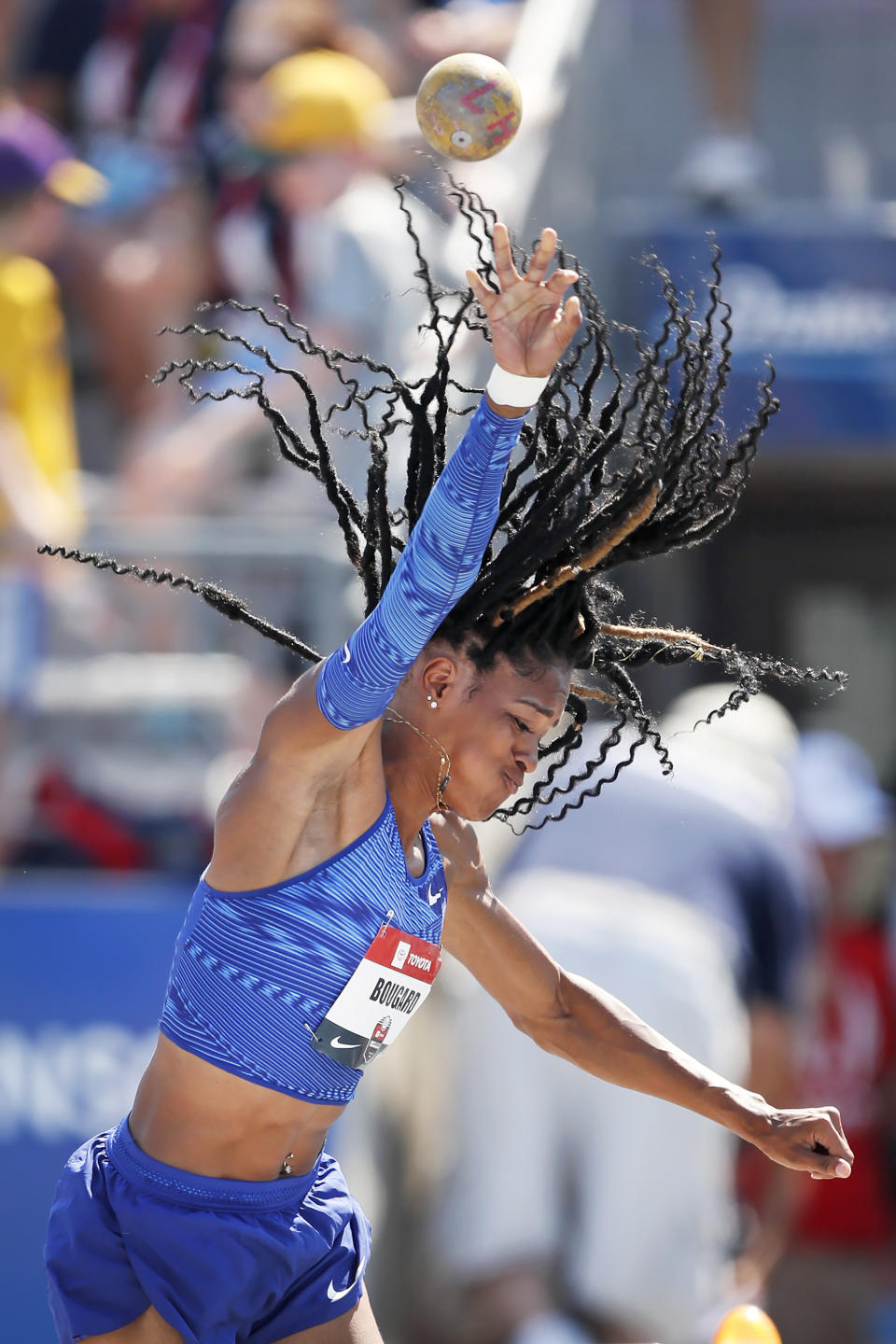 Erica Bougard throws during the heptathlon shot put at the U.S. Championships athletics meet, Saturday, July 27, 2019, in Des Moines, Iowa. (AP Photo/Charlie Neibergall)