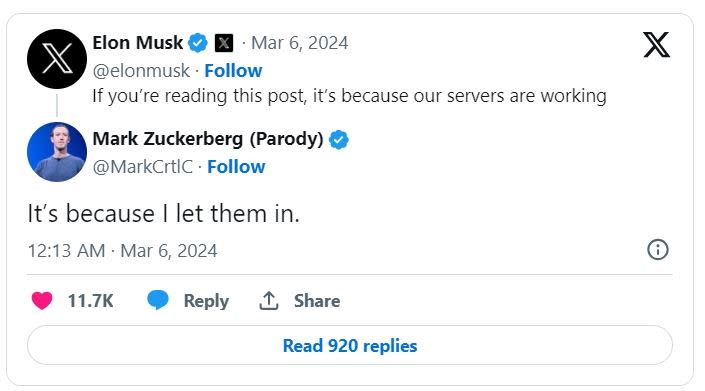 ▲馬斯克開酸「如果你能看到這篇貼文，代表我們的伺服器正在運作」；「假祖克柏」發文反擊了。（圖／翻攝自X）