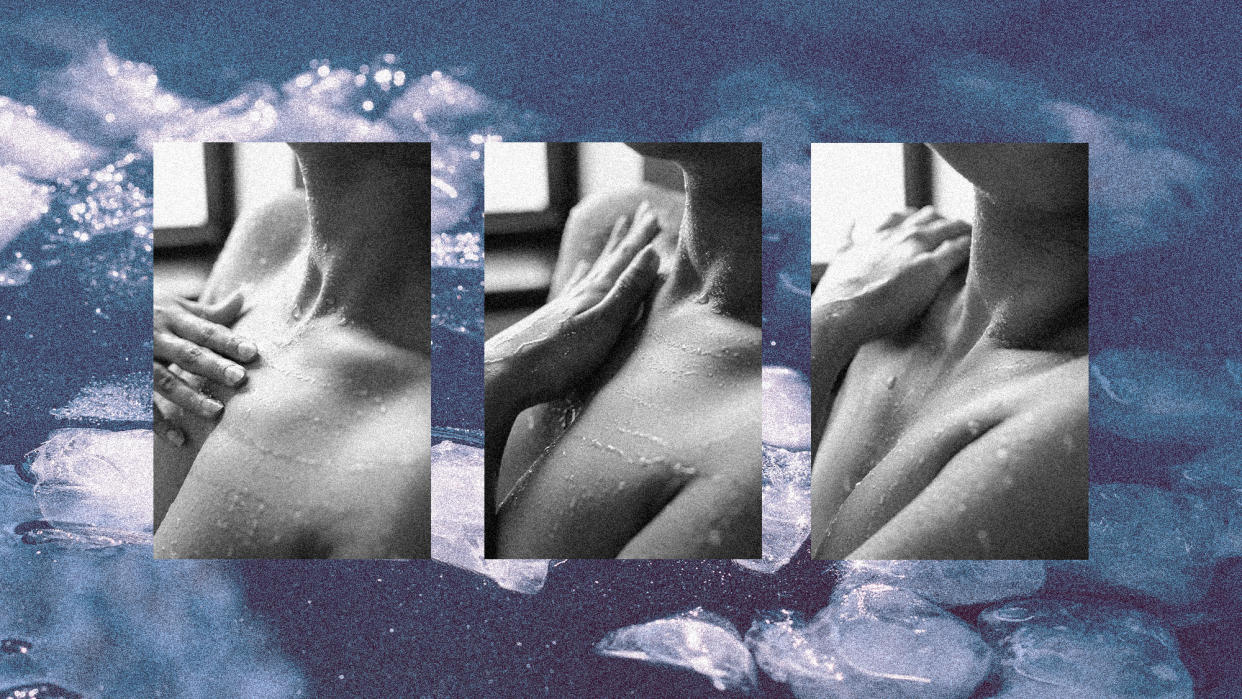  Photo collage of three black and white close-up images of a woman's hand dragging across her wet skin. In the background, there is a photograph of an ice bath, with large ice cubes glittering in the sun. 