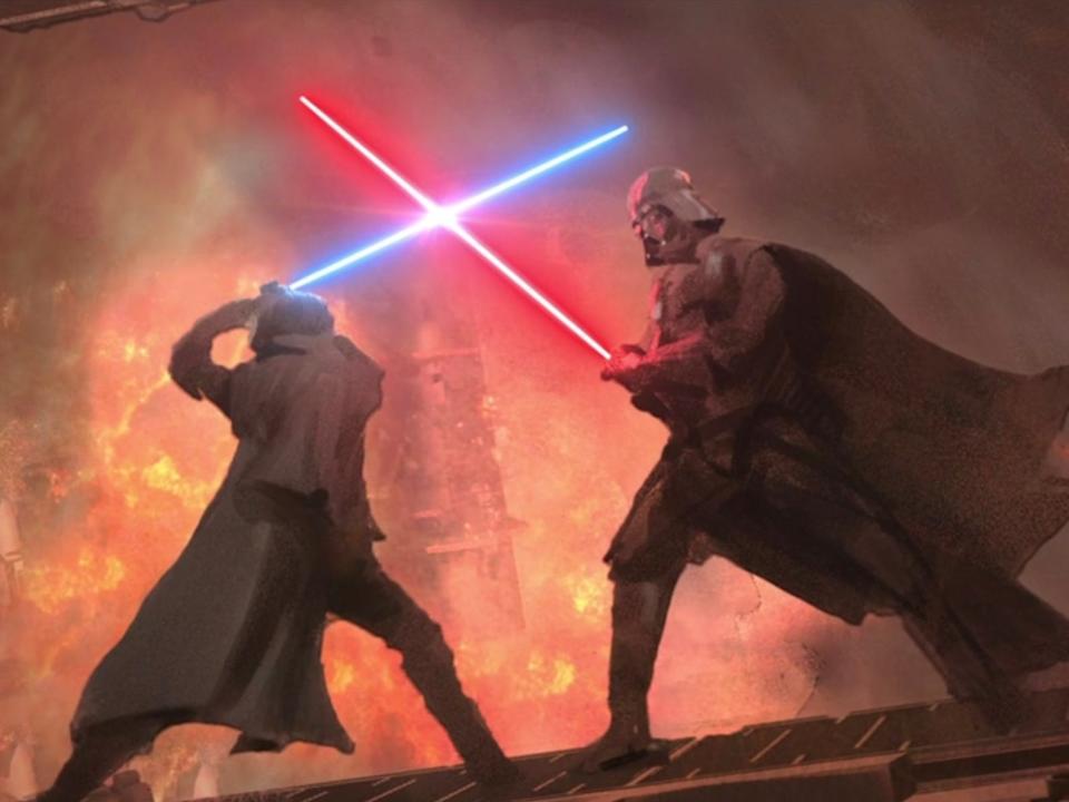 Concept art shows Obi-Wan Kenobi and Darth Vader dueling in the new Disney Plus series "Obi-Wan Kenobi"