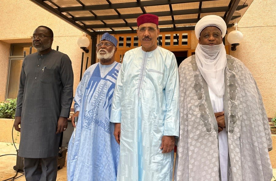 From left; President of the ECOWAS Commission, Mousa Tourey, ECOWAS Special Envoy to Republic of Niger, General Abdulsalami Abubakar, Niger ousted President Mohamed Bazoum and Sultan of Sokoto Alhaji Muhammad Saad Abubakar III, pose in Niamey, Niger, Saturday, Aug. 19, 2023. (AP Photo)