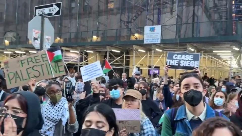 Protesters carried signs, chanted and banged on drums while walking downtown. Party for Socialism and Liberation via Storyful