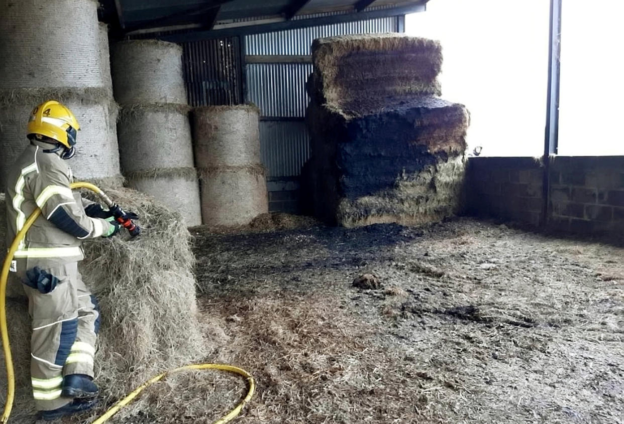 A fire service has warned farmers of hay ‘spontaneously combusting’ - following a rise in barn fires due to warm but wet weather.   See SWNS story SWBRfire.  Devon and Somerset Fire and Rescue Service published the statement which warned farmers about storing wet hay – which can spontaneously combust when temperatures get high enough.  This follows a recent rise in barn fires in the south west of England – including one in Crewkerne, Somerset, which saw 50 tonnes of hay and 50 tonnes of straw set alight on July 7.   The shocking pictures show the fire which took hold in a single-storey barn – and drew crews from Taunton, Bridgwater, Street, Yeovil, Chard, Crewkerne and Martock to tackle the accidental blaze. 