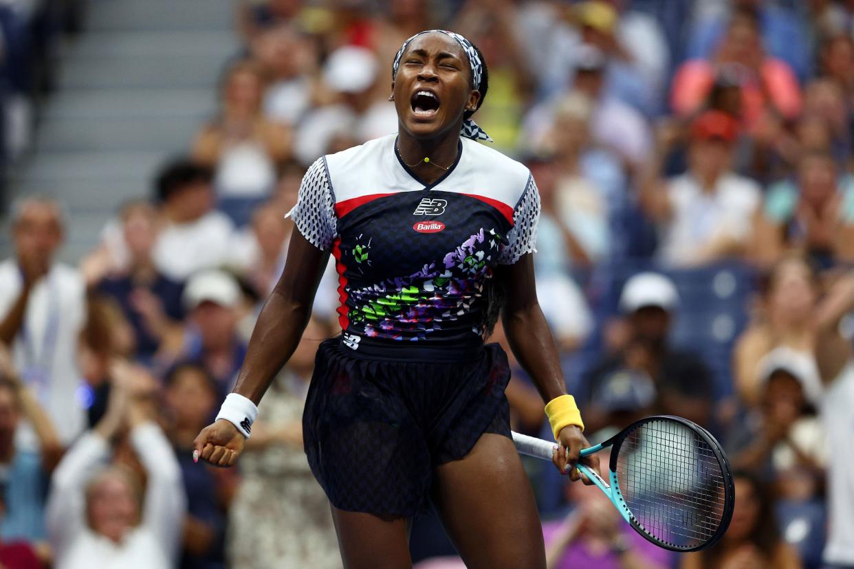 Coco Gauff of the United States reacts against Shuai Zhang of China during their Women's Singles Fourth Round match on Day Seven of the 2022 U.S. Open at USTA Billie Jean King National Tennis Center on Sept. 4, 2022, in Flushing, Queens.