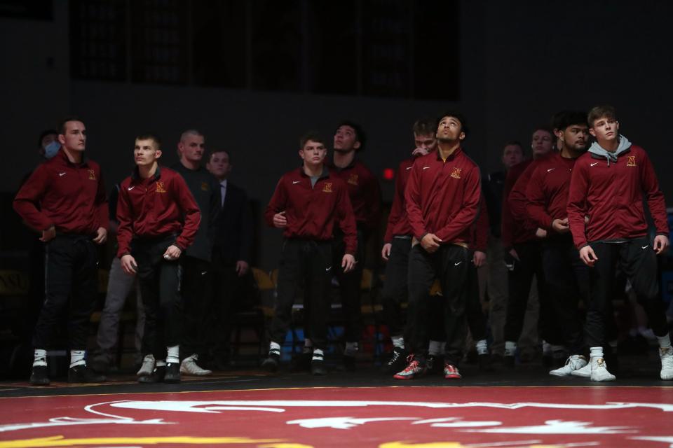Northern State wrestlers prepare before a dual against Southwest Minnesota State earlier this season inside Wachs Arena. The No. 21 Wolves downed SMSU 24-19.