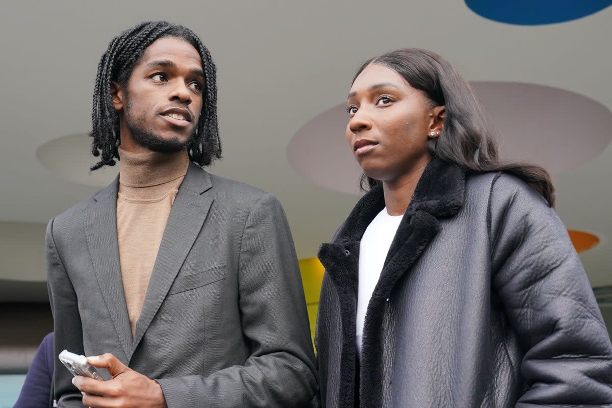 Athletes Bianca Williams and Ricardo Dos Santos speak to the media outside Palestra House (PA) (PA Wire)