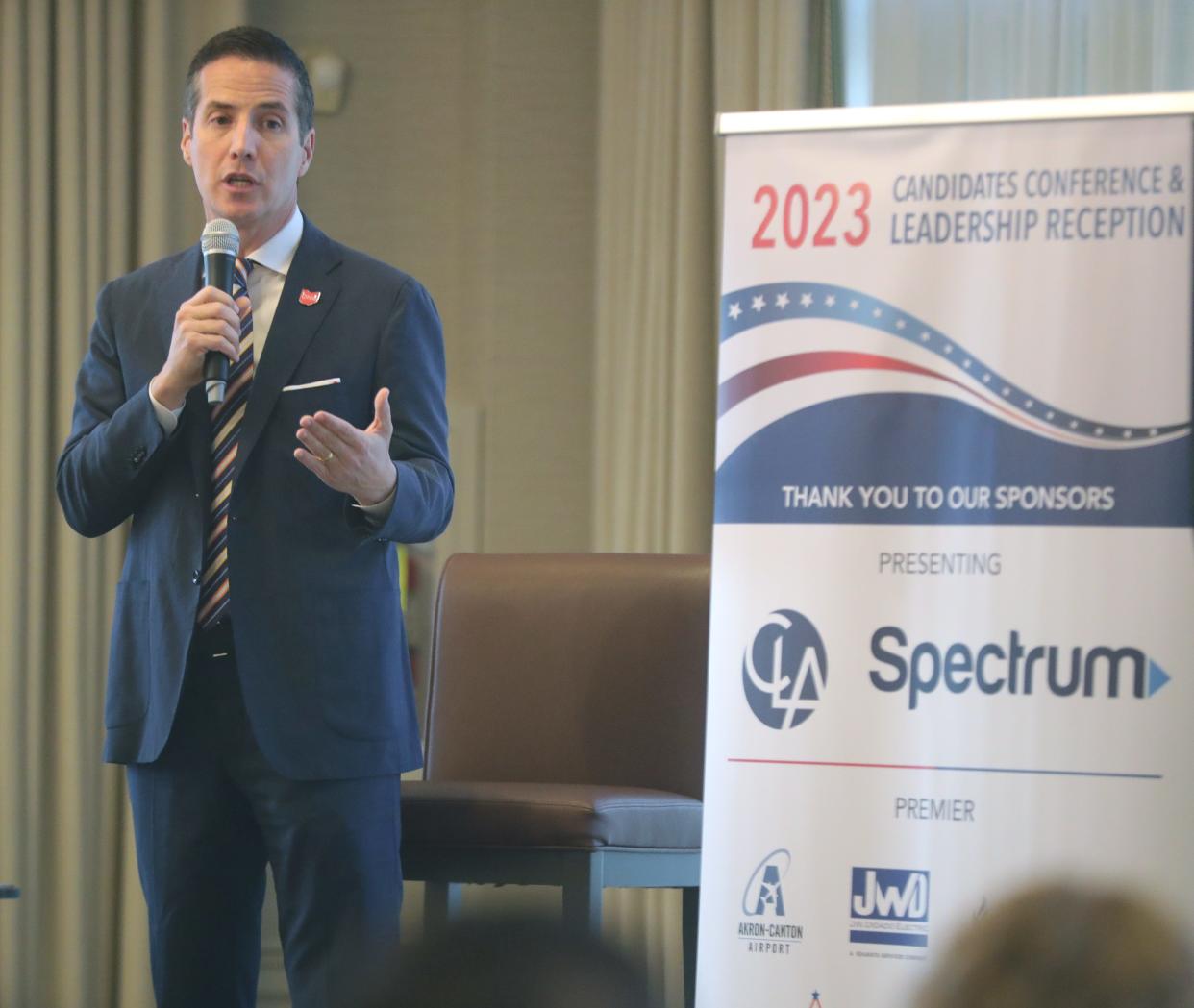 U.S. Senate candidate Bernie Moreno answers a question during a debate among Republican hopefuls Oct. 26 at Portage Country Club in Akron.