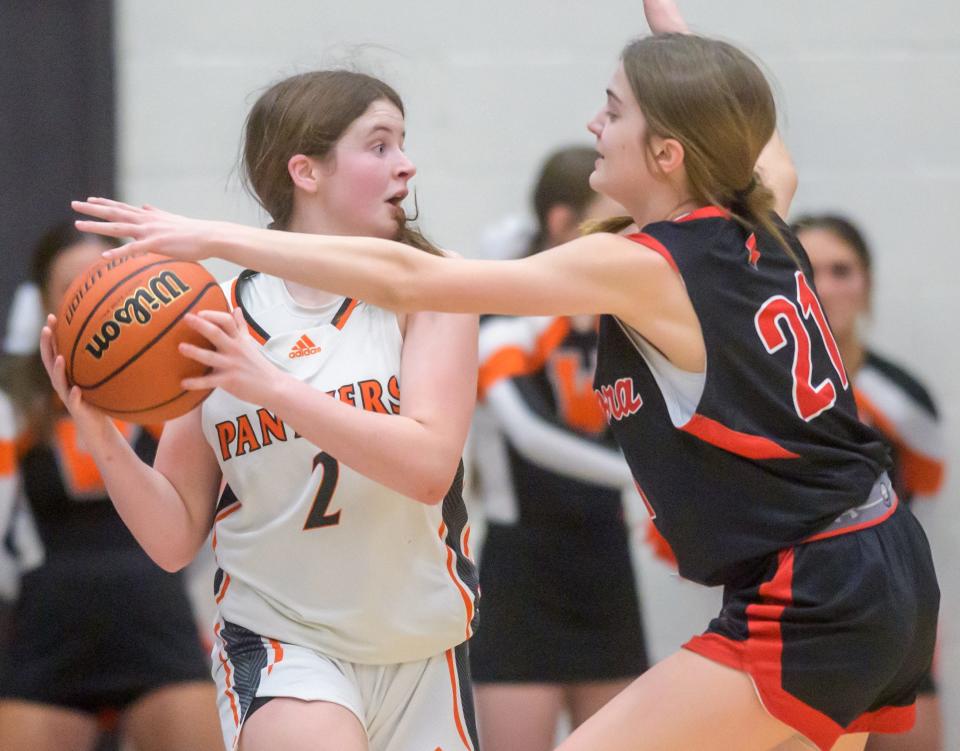 Metamora's Tabby Vanderschraaf (21) pressures Washington's Avery Tibbs in the second half of their girls Class 3A Pontiac Regional basketball title game Thursday, Feb. 15, 2024 at Pontiac High School. The Panthers defeated the Redbirds 67-53.