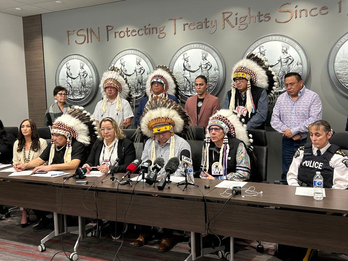 Leaders from several Indigenous organizations joined James Smith Cree Nation chiefs and the commanding officer of Saskatchewan's RCMP Thursday to comment on the recommendations made this week at the inquest into the mass killing at James Smith in September 2022. (Pratyush Dayal/CBC - image credit)
