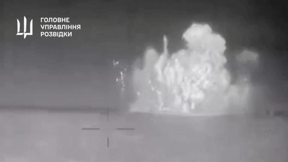 A still from footage released on Tuesday of an explosion on what Ukrainian military intelligence said was the Russian patrol ship Sergei Kotov off the coast of Crimea. - Copyright: Ministry of Defence of Ukraine/Handout via REUTERS