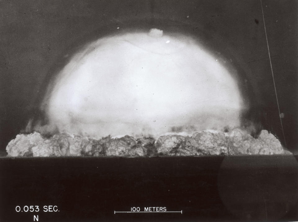 Image labeled '0.053 Sec' of the first Nuclear Test, codenamed 'Trinity', conducted by Los Alamos National Laboratory at Alamogordo, New Mexico circa 1945. (Photo by Fotosearch/Getty Images).