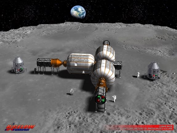 Commercial businesses are eyeing the moon. This early concept art shows a lunar operation as envisioned by Bigelow Aerospace. The private firm is intent on leveraging its work on expandable habitats in low Earth orbit for use on the moon.