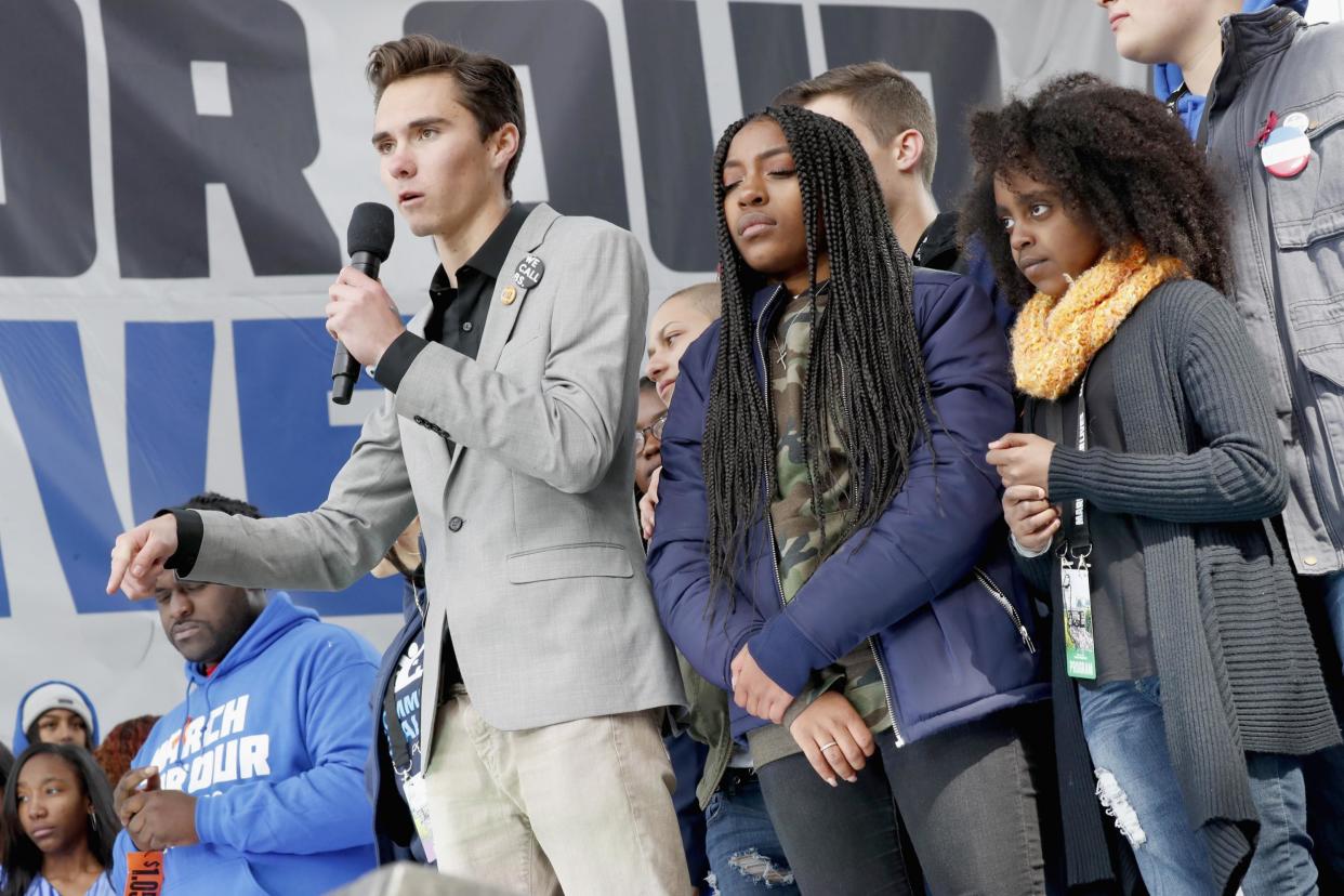 David Hogg, one of the prominent student survivors of the Parkland shooting, speaking at the March for Our Lives rally in Washington in March: Getty