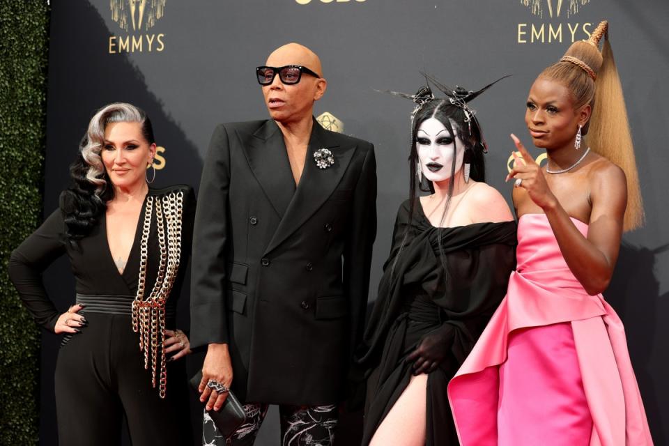 (L-R) Visage, pictured with her RuPaul’s Drag Race castmates, RuPaul, Gottmik, and Symone at the 73rd Primetime Emmy Awards, says she’s excited to be hosting the BRITS red carpet (Getty Images)