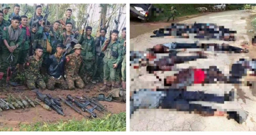 緬甸民族民主同盟軍聯合其餘反抗勢力，對緬甸軍政府宣戰，首波衝突至少有15名民兵和警察死亡。（圖／翻攝自推特）