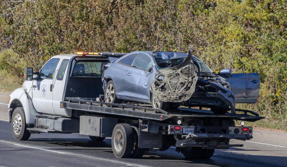 One of the vehicles involved in the New Orleans East Interstate 10 wreck following a morning of heavy smoke and fog on Tuesday, Nov. 7, 2023. Dense smoke reminiscent of last month's “super fog” that rolled into Louisiana has led to a deadly crash that shut down Interstate 10 in the New Orleans area early Tuesday, police said. (Chris Granger/The Times-Picayune/The New Orleans Advocate via AP)