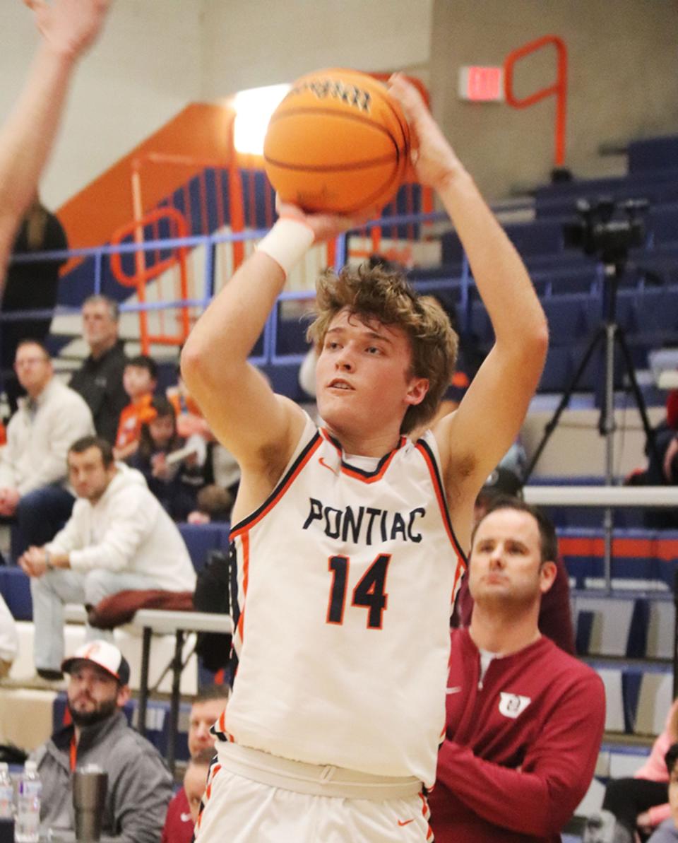 Pontiac senior Henry Brummel launches a shot against Tolono (Unity) Tuesday. Brummel poured in 25 points to help lead the Orange-and-Blue to a 61-56 upset of third-ranked Tolono.