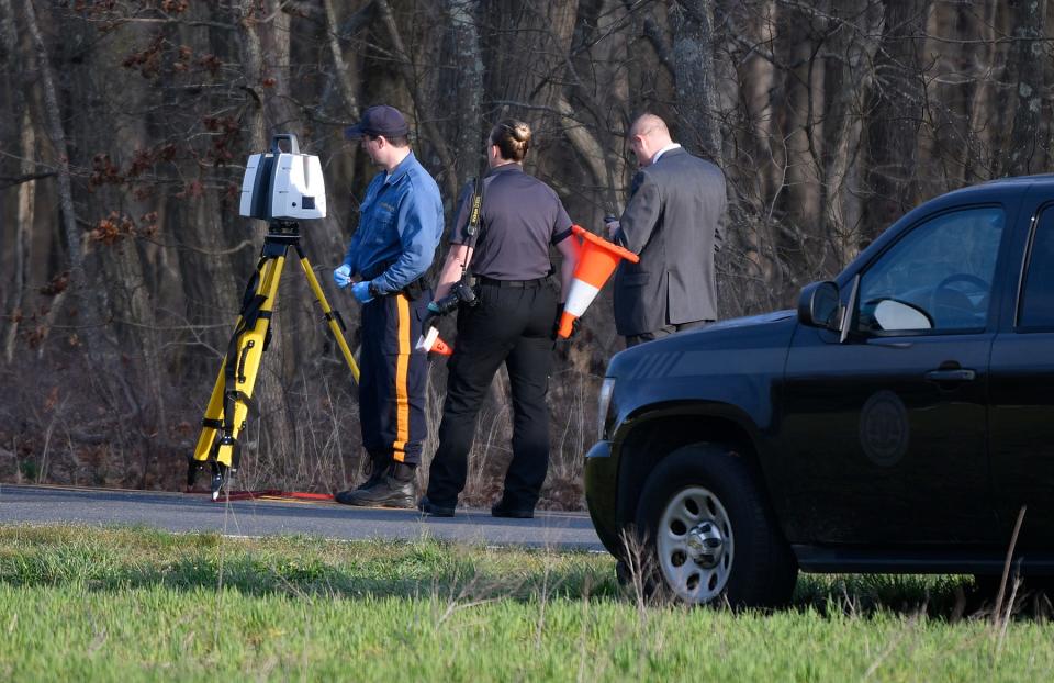 Authorities near the intersection of Oak and Union roads in Buena Vista Township at the scene of a police investigation on Monday, April 5, 2021.