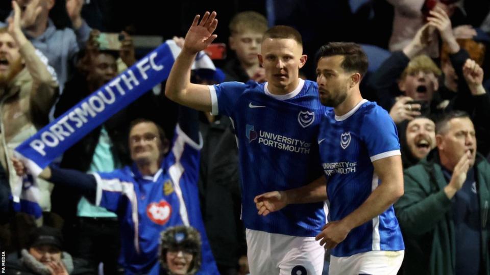 Colby Bishop celebrates a goal for Portsmouth against Barnsley