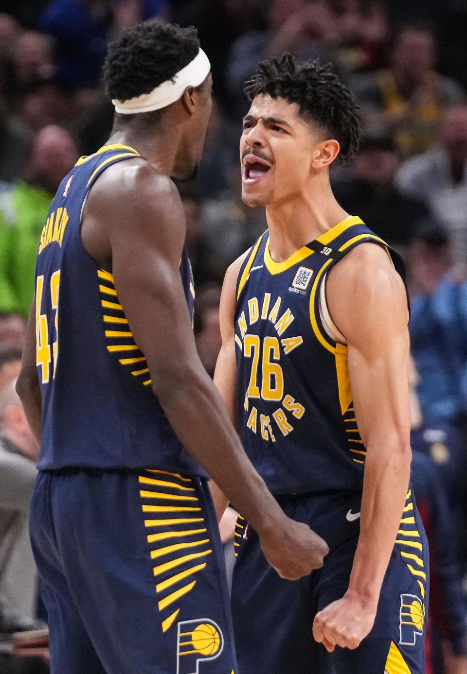 Indiana Pacers guard Ben Sheppard (26) yells in excitement with Indiana Pacers forward Pascal Siakam (43) on Tuesday, Jan. 23, 2024, during the game at Gainbridge Fieldhouse in Indianapolis. The Denver Nuggets defeated the Indiana Pacers, 114-109.