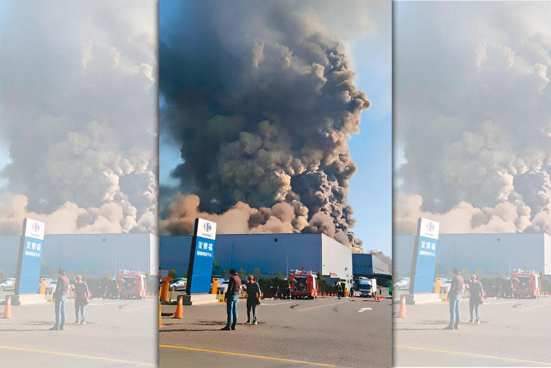 去年3月，家樂福楊梅倉庫大火造成近40億元損失，今卻有廠商出面投訴家樂福拒絕賠償。（翻攝畫面）