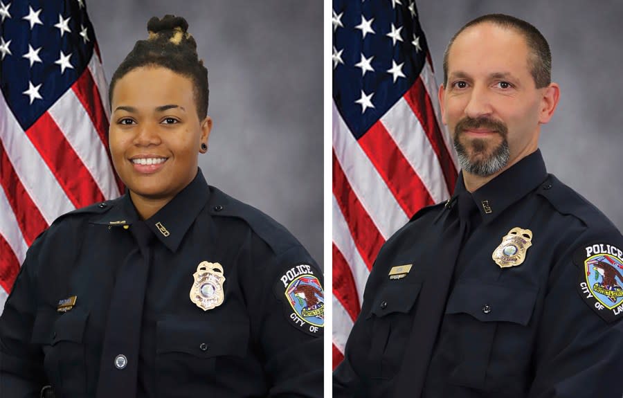 These images provided by the City of La Vergne shows La Vergne Police Officers Ashely Boleyjack and Gregory Kern. Police in Tennessee were searching Sunday, Oct. 22, 2023 for the estranged son of Nashville’s police chief as the suspect in the shooting of the two police officers outside a Dollar General store. (City of La Vergne via AP)
