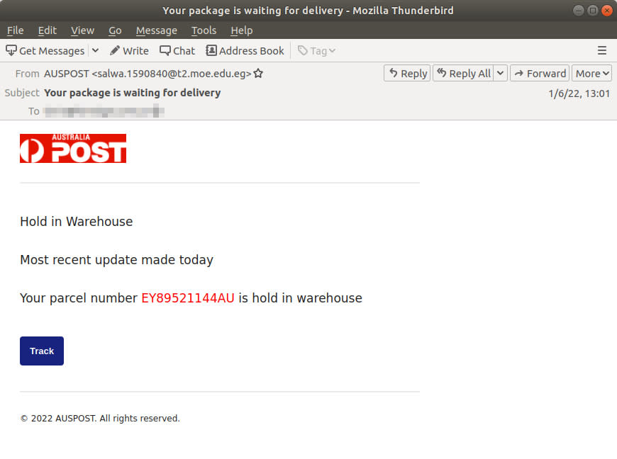 Copy of the Australia Post scam email.