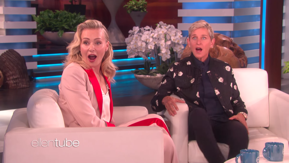 Ellen DeGeneres and Portia De Rossi were left shocked on The Ellen Show on Wednesday. Source: YouTube / The Ellen Show