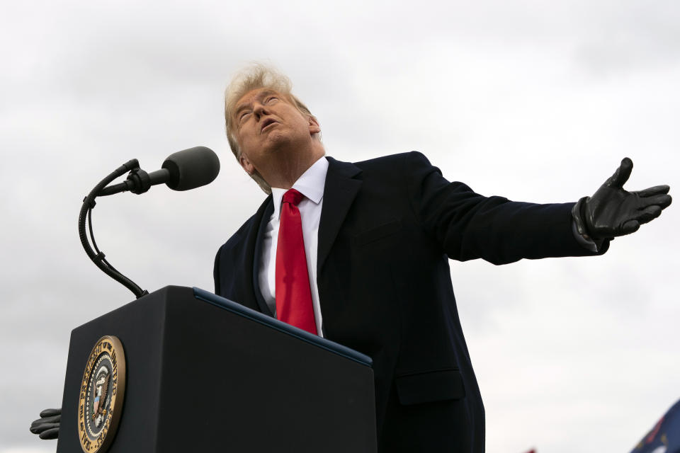 President Donald Trump speaks at a campaign rally at Oakland County International Airport, Friday, Oct. 30, 2020, at Waterford Township, Mich. (AP Photo/Alex Brandon)