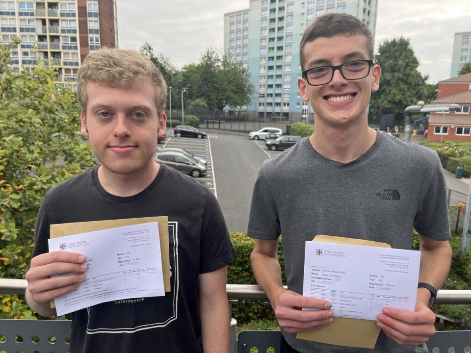 Twins Thomas (left) and Daniel Beechboth from Bedminster, Bristol, celebrated their A* A-level results at St Mary Redcliffe and Temple School in Bristol (Rod Minchin/PA) (PA Wire)