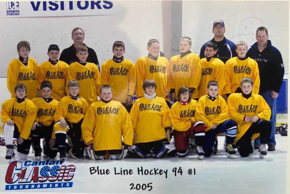 A youth hockey photo from 2005 shows Michael Jensen, in front second from left, and Will Blazer, on the end of the front row on the right.